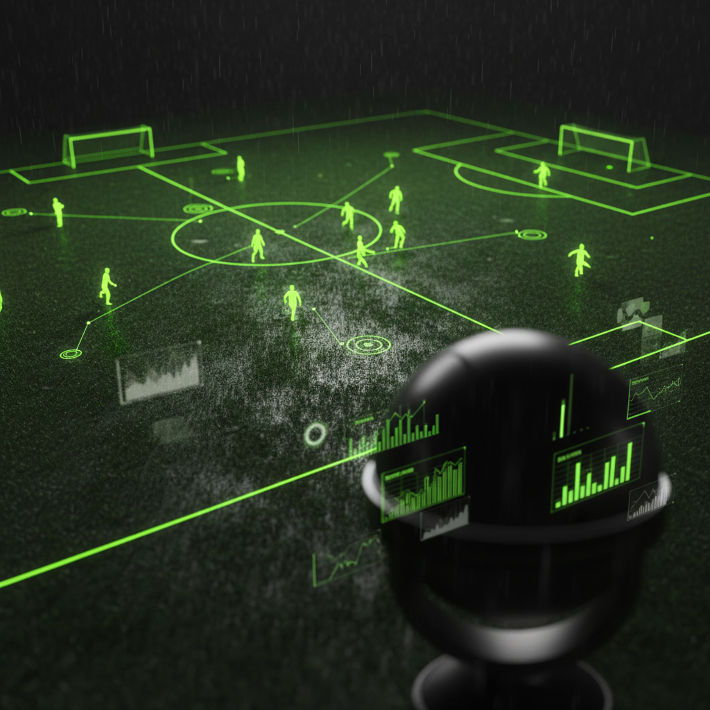 Player wearing a dark GPS tracking vest with a glowing lime green light for AI-powered sports analysis.