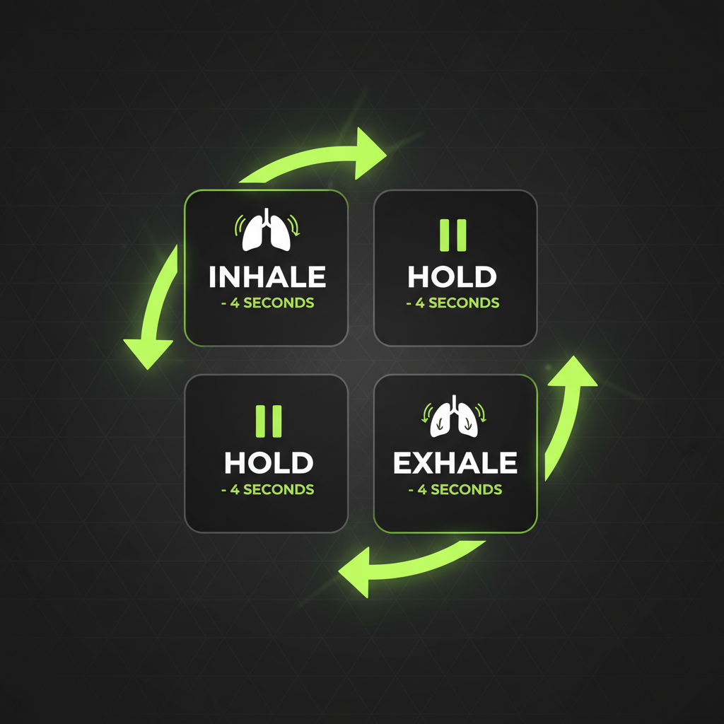 Infographic demonstrating the four steps of box breathing: inhale, hold, exhale, hold, each for four seconds.