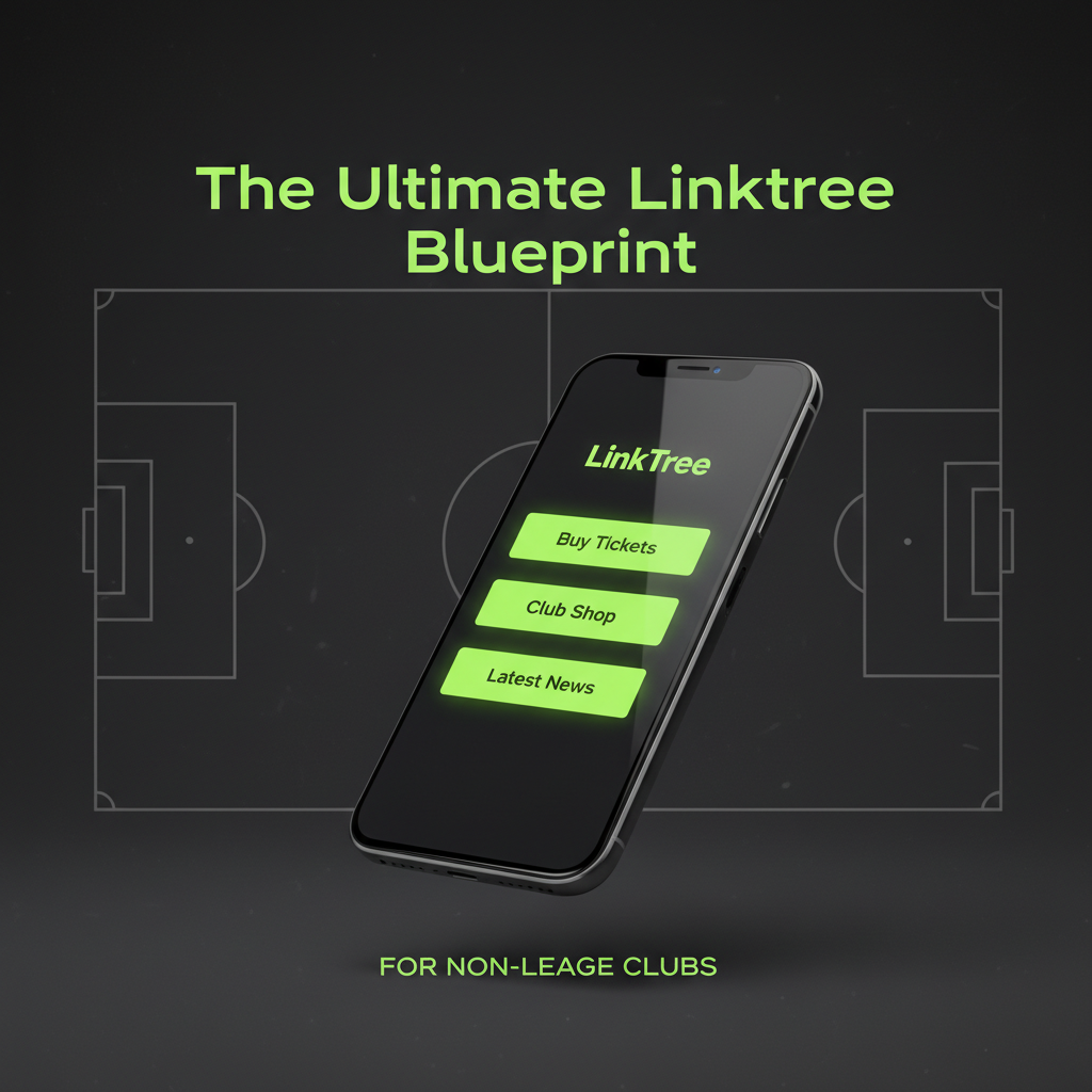 A smartphone screen showing a non-league football club Linktree with a finger pressing the Buy Match Tickets link.