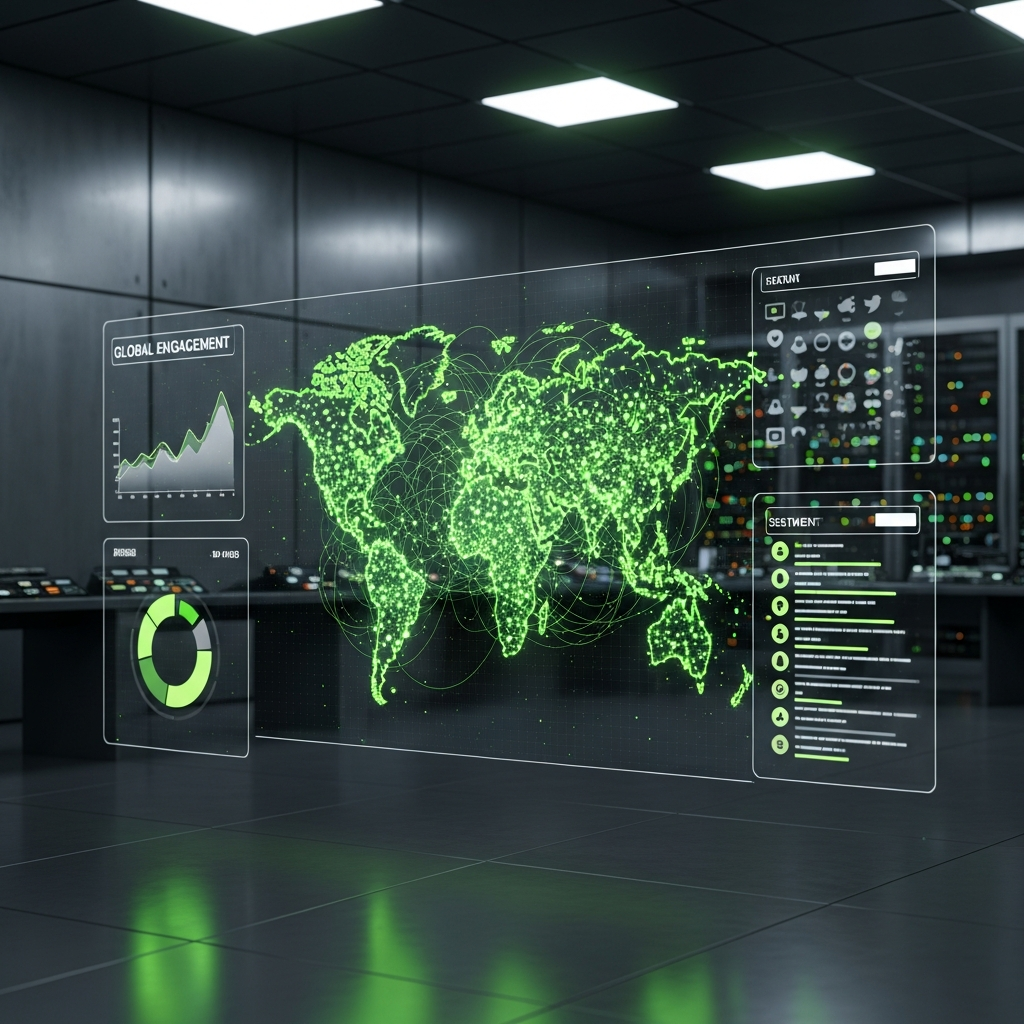 A high-tech social media command center with holographic data visualization