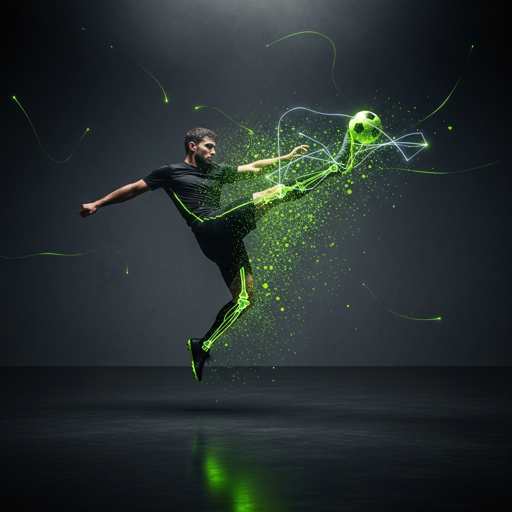 A futuristic soccer player dissolving into lime green digital data particles