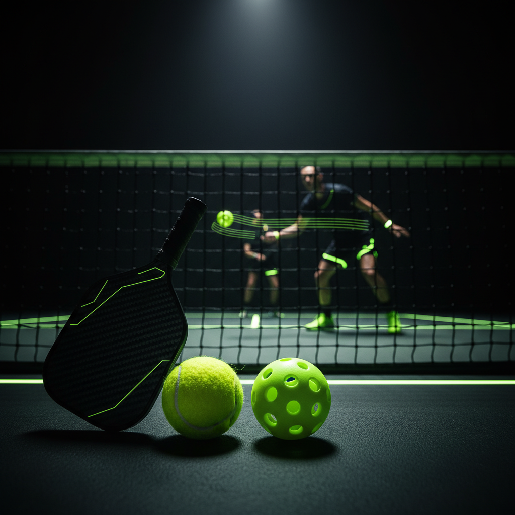 A detailed comparison shot of a yellow tennis ball and a lime green pickleball on a dark surface.