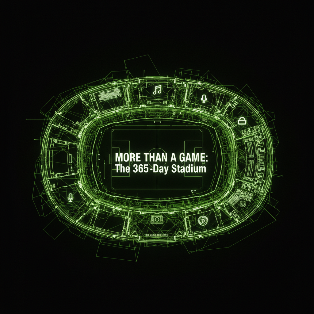 A modern stadium at night, transformed into a 365-day entertainment hub with diverse events.