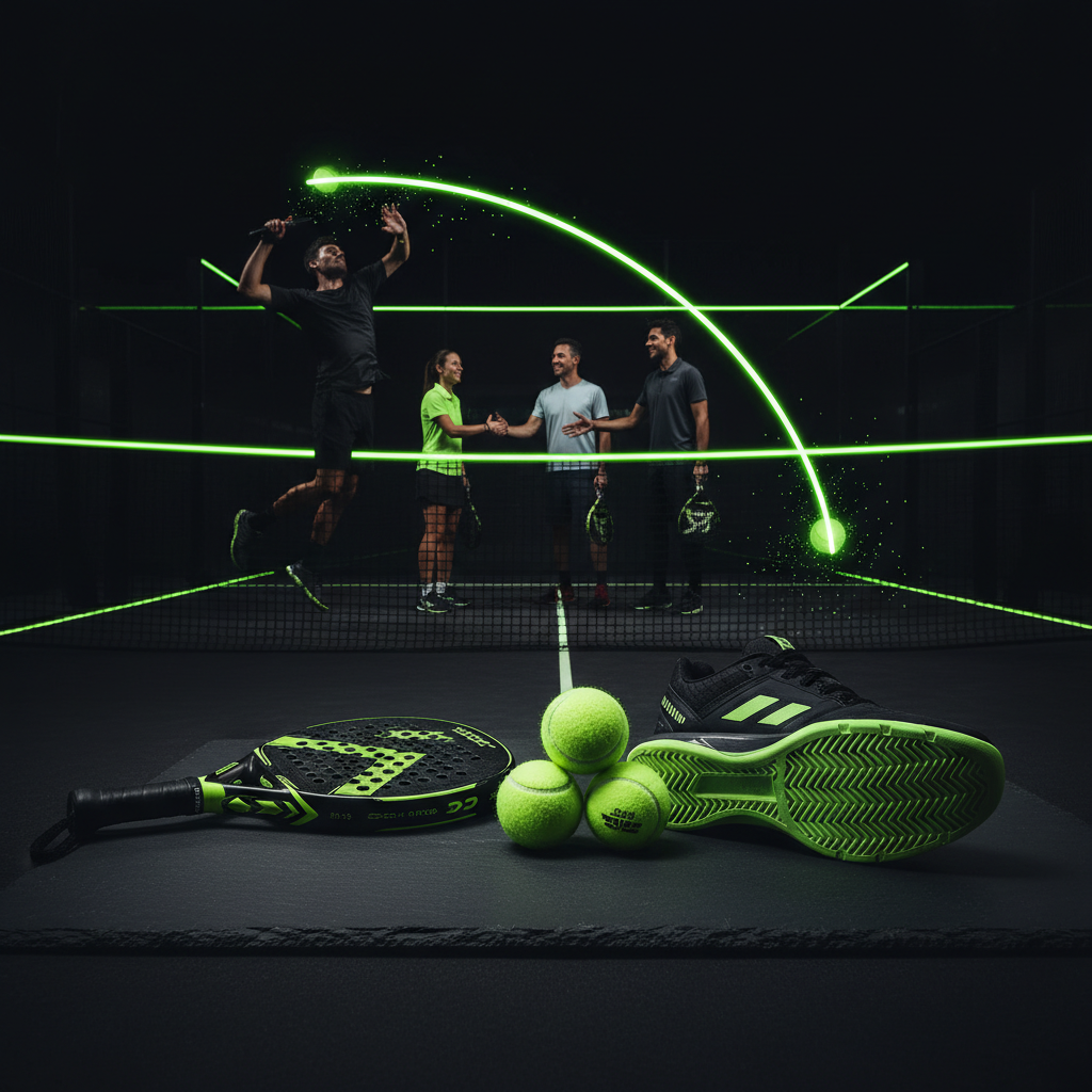 Four padel players sharing a friendly handshake over the net on a dimly lit court with vibrant lime green lines.