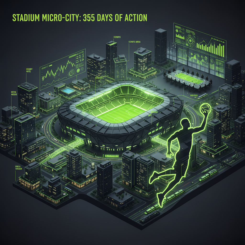 Diagram of a modern stadium micro-city with integrated retail and entertainment venues.
