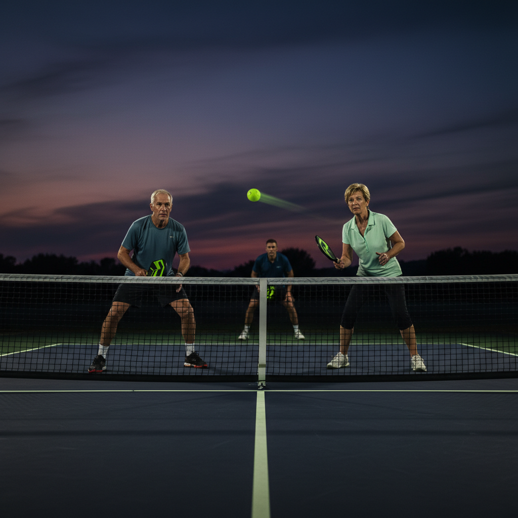 Two players holding their position at the dark gray pickleball court