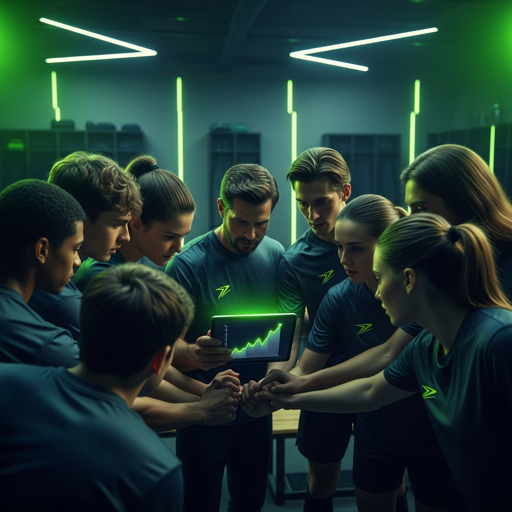 Group of focused young athletes looking at a tablet with coach