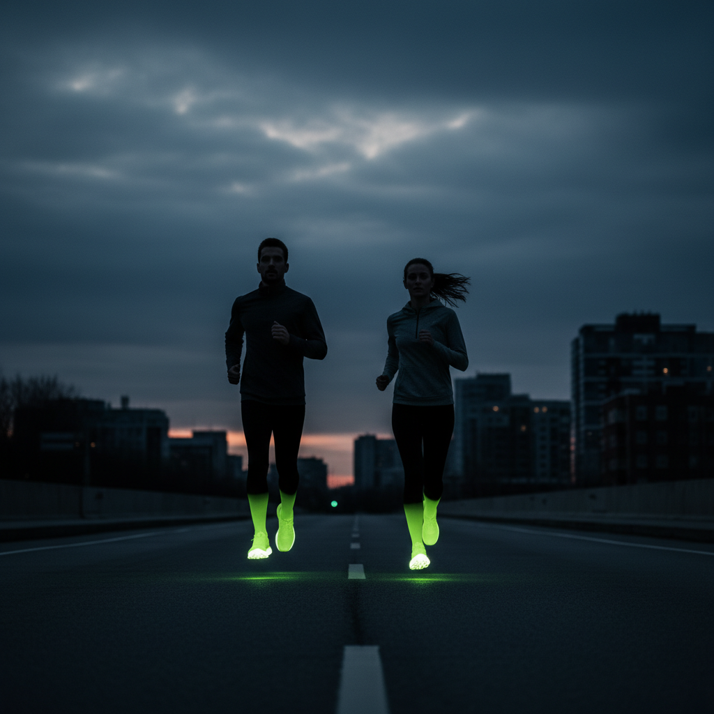 A diverse group of runners laughing together in the evening, wearing athletic gear with lime green accents