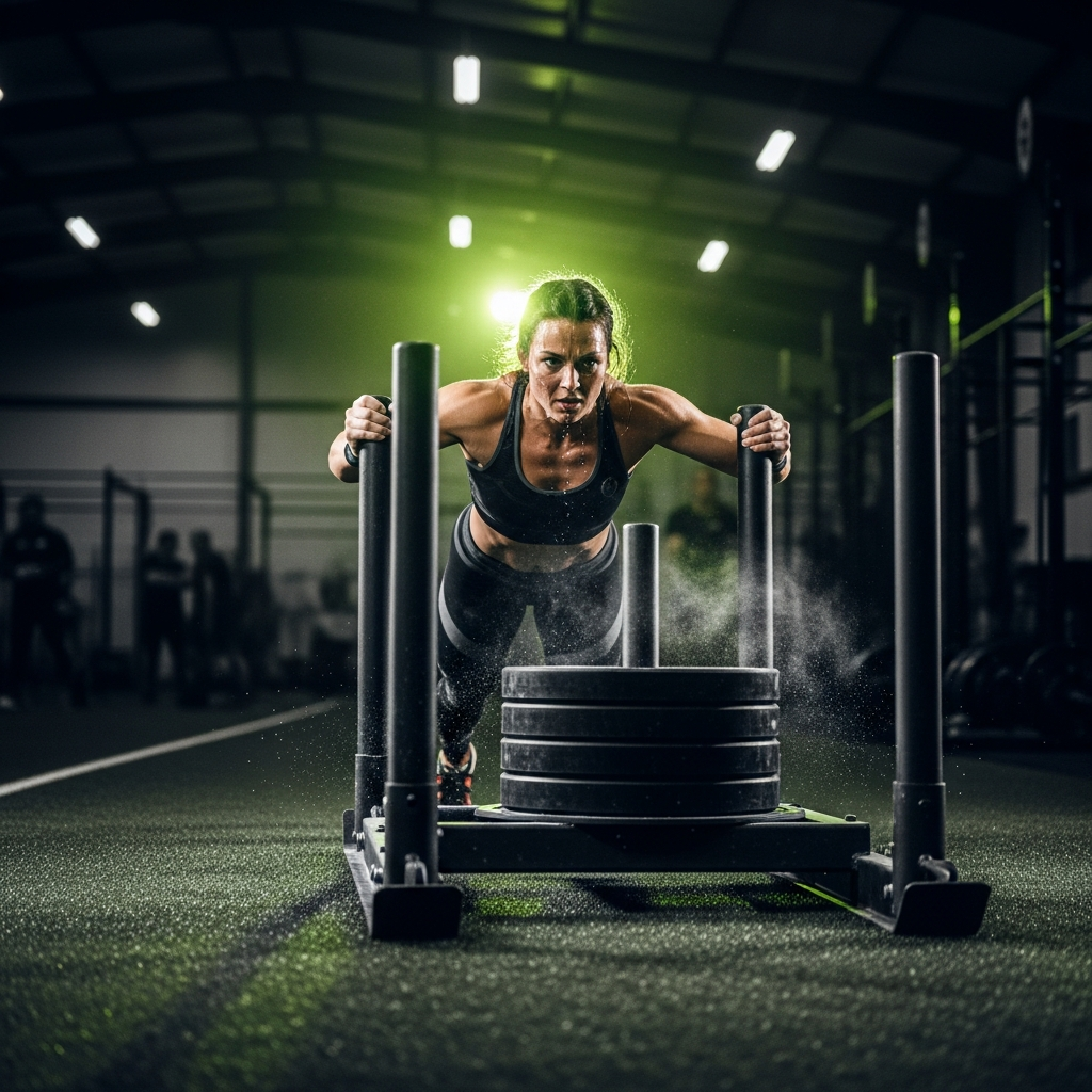 Dramatic shot of a female athlete pushing a Hyrox sled