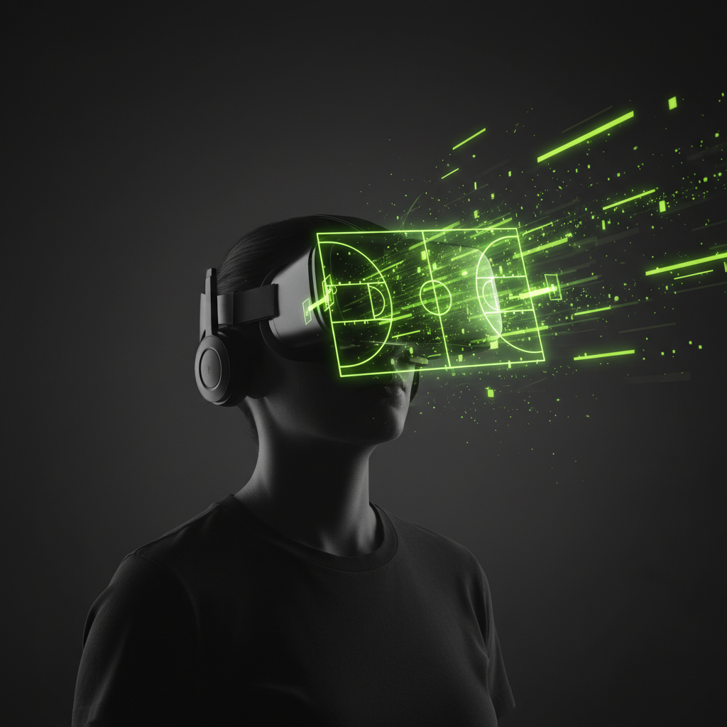 First-person VR view of a futuristic basketball game with glowing players on a lime green court.