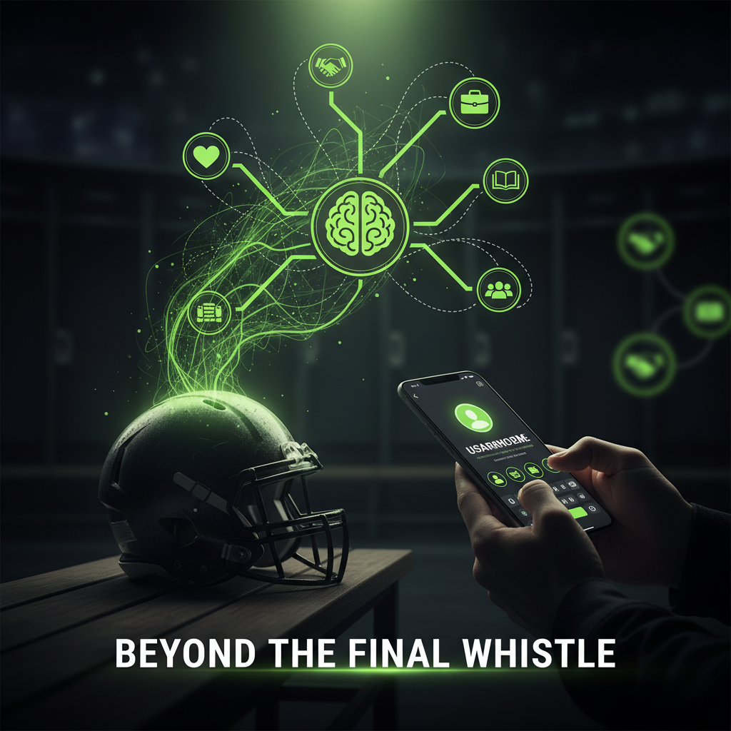 A football helmet on a bench, symbolizing the mental health challenges and post-career anxiety players face.