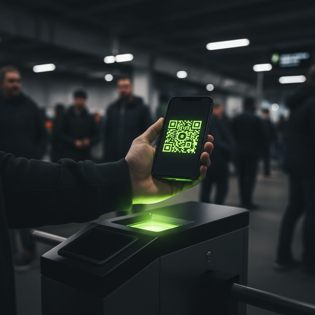 An interactive digital sports program with lime green graphics displayed on a tablet inside a stadium.