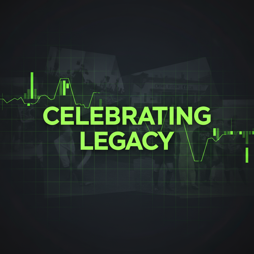 A historical collage of club photos and documents with lime green accents for an anniversary marketing campaign.