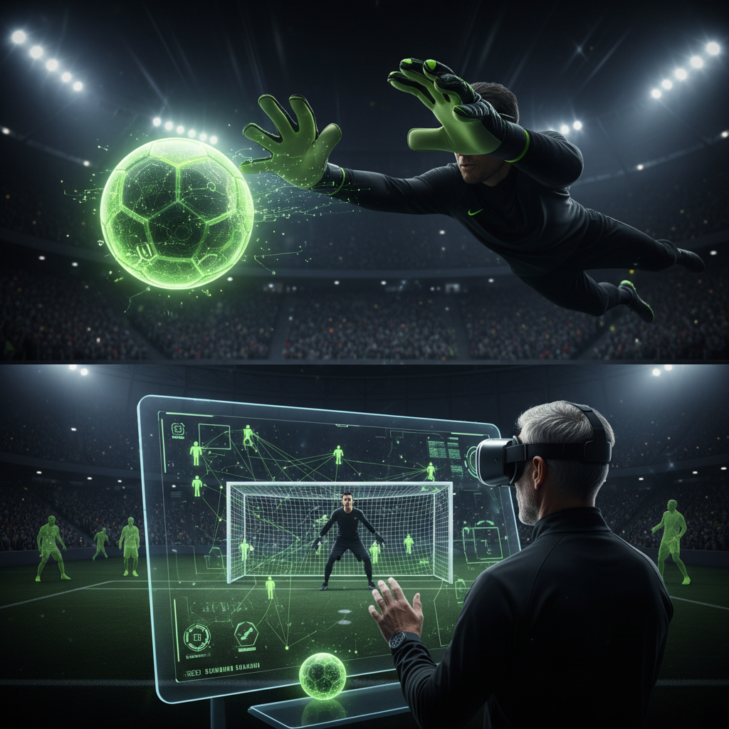 Coach using a tablet with AI software to analyze player movements shown in lime green on a football pitch map.