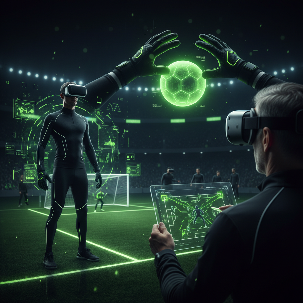 Goalkeeper in a VR training simulation saving a glowing lime green virtual football.