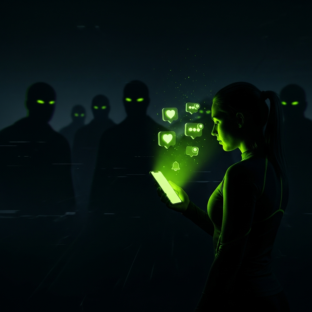 Silhouette of an athlete holding a glowing phone in a dark setting