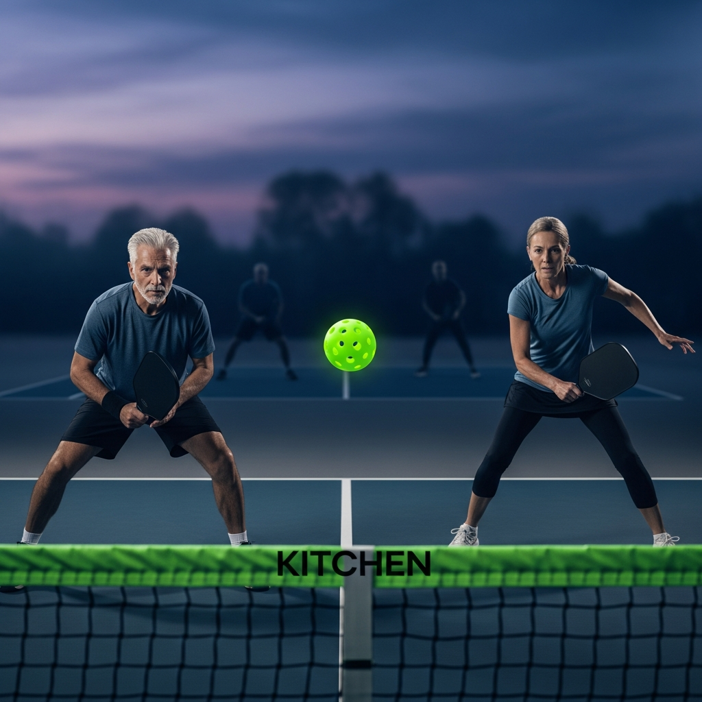 Dramatic cinematic shot of a pickleball match at dusk on a charcoal-gray court with lime green lines