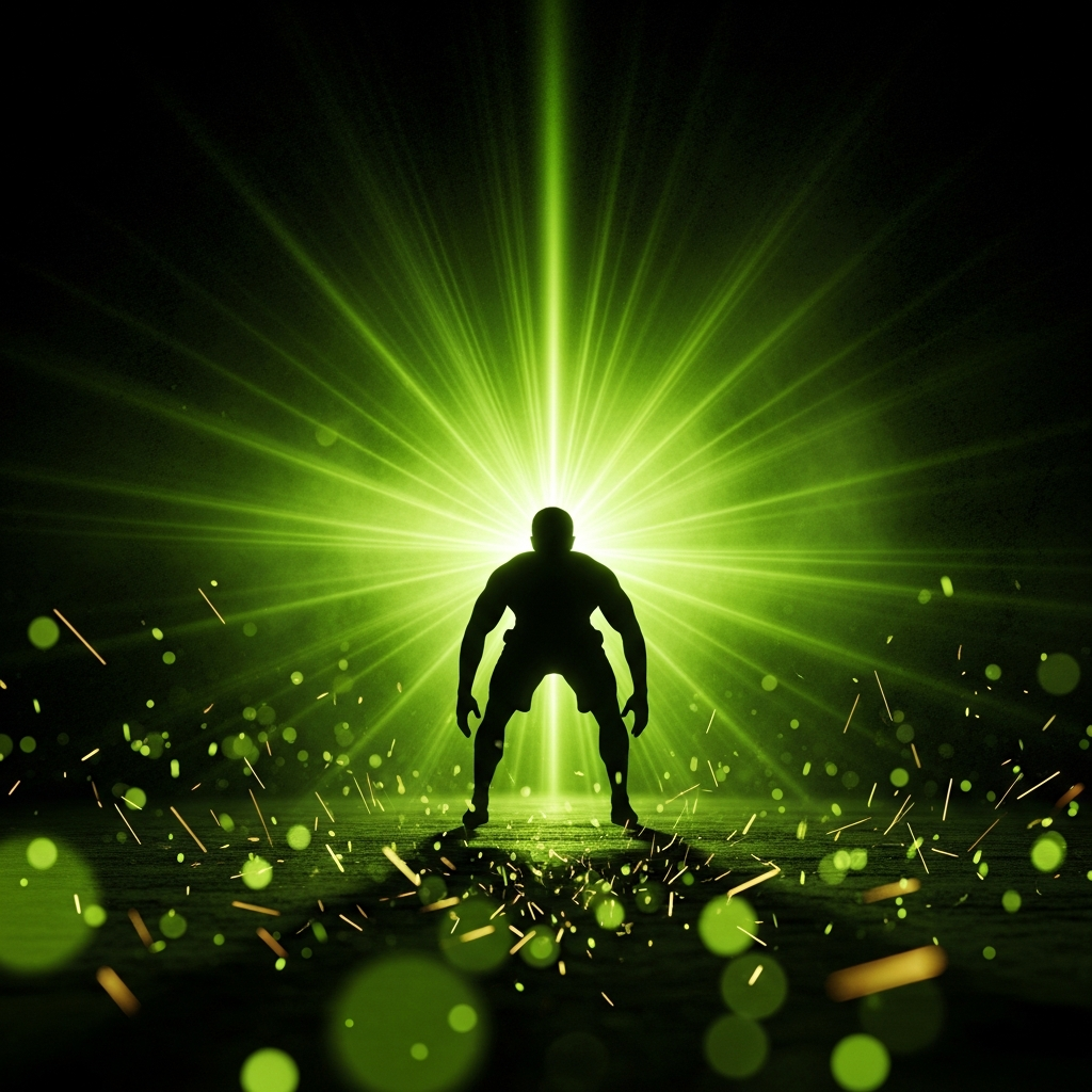 Dramatic artistic silhouette of an athlete with lime green light rays