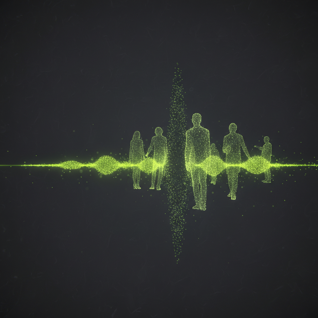 A diverse group of volunteers sharing a story on a tablet, their faces lit by its lime green glow.