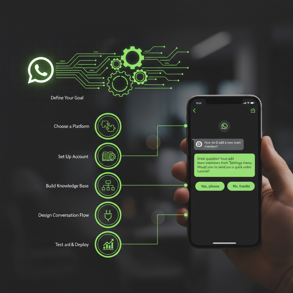Infographic showing the 7 steps to implement a WhatsApp bot for customer support, with lime green icons on a dark background.
