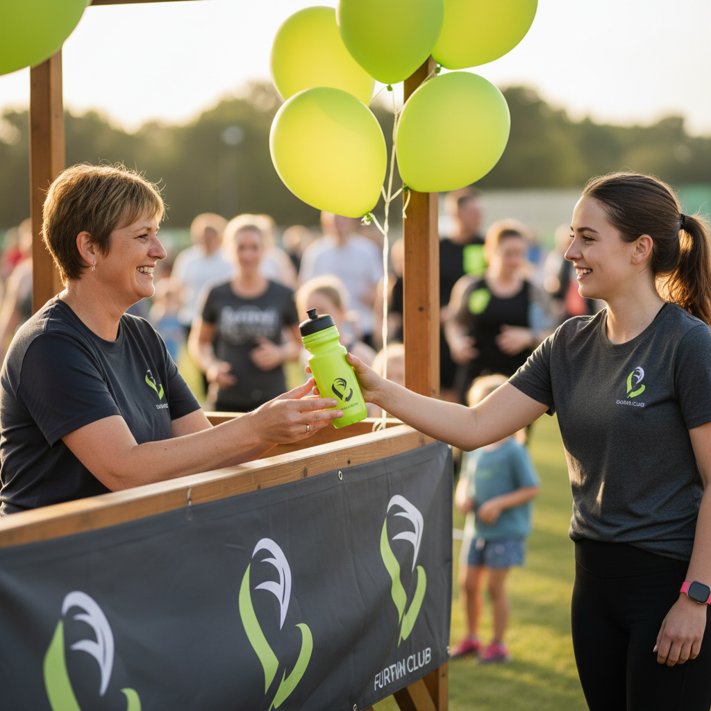 A volunteer at a local sports club's fundraising event hands a lime green water bottle to a runner.