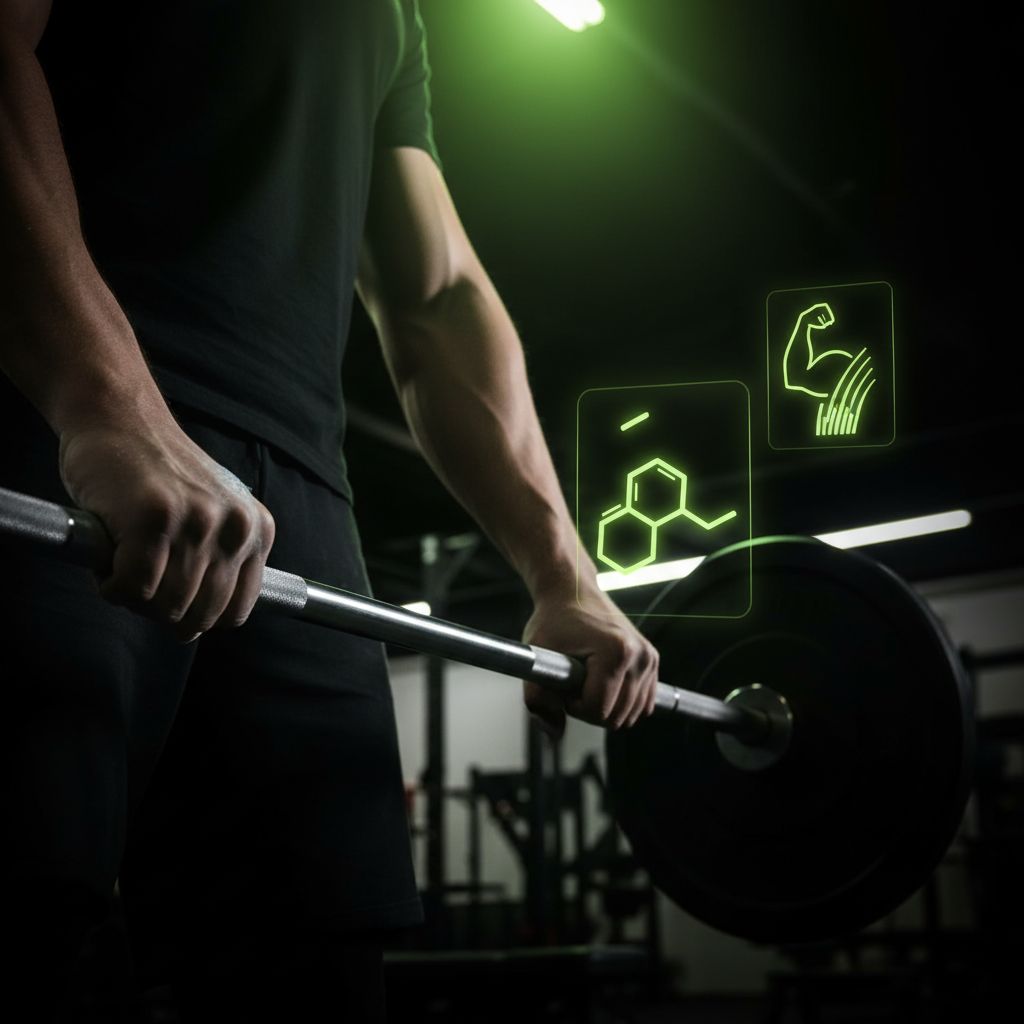 A strength athlete's hands gripping a barbell, highlighted with a lime green and dark color theme and muscle-building icons.