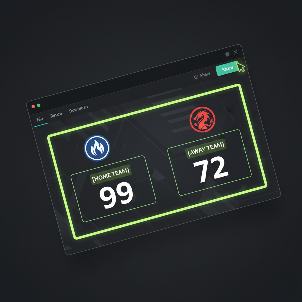 Mockup of a dynamic Canva template for sports scores with placeholder fields highlighted in green.