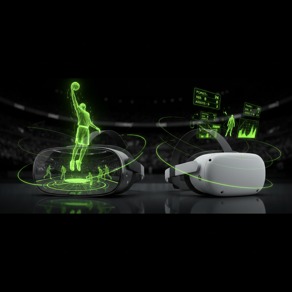 A smartphone screen showing augmented reality stats in lime green overlaid on a live basketball game.