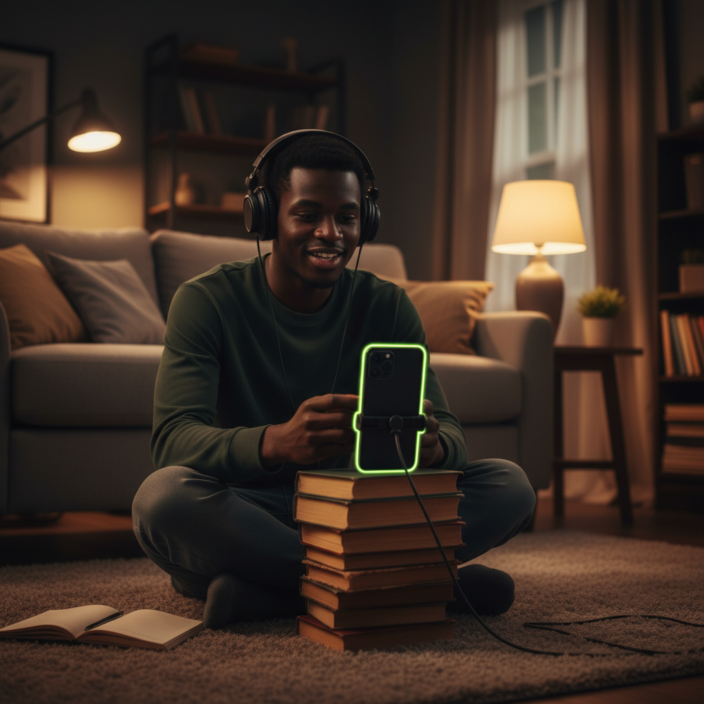 Graphic showing a podcast microphone icon connecting a diverse community of listeners.