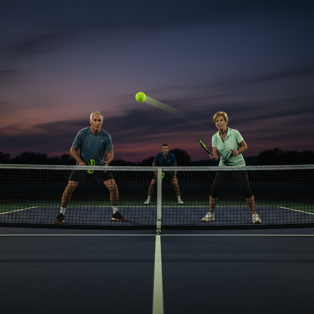 Pickleball court perspective focusing on lateral movement and player positioning