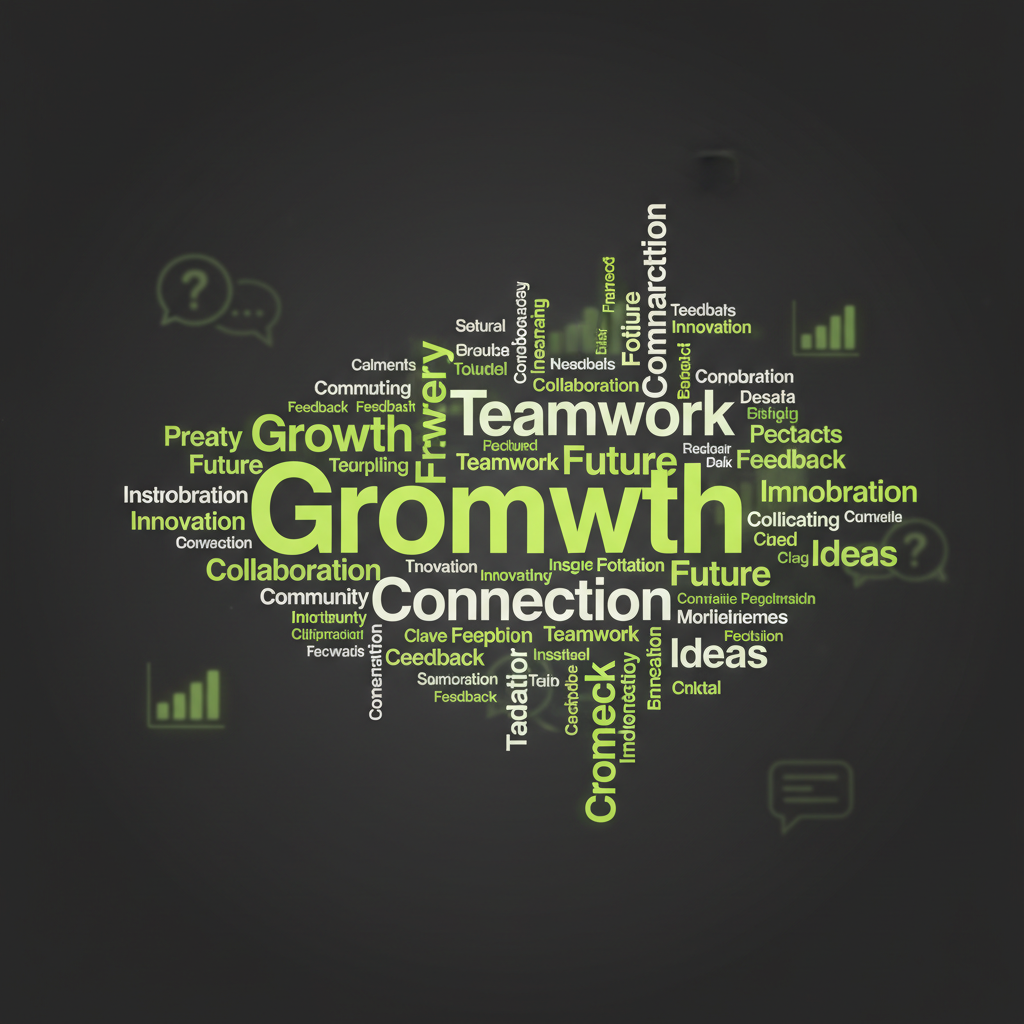 Illustration of a live word cloud in lime green, symbolizing audience interaction and key themes during a virtual Q&A.