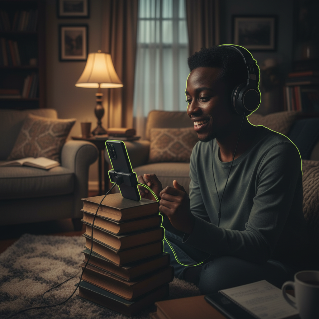 A person recording a zero-budget club podcast using a smartphone and headphones in a quiet room.