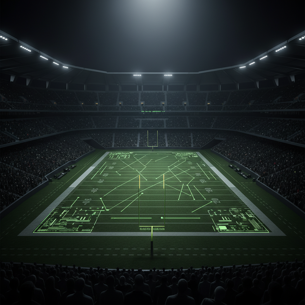 A dark basketball court with glowing lime green lines and a dollar sign in the center, representing the financial growth of sports leagues.