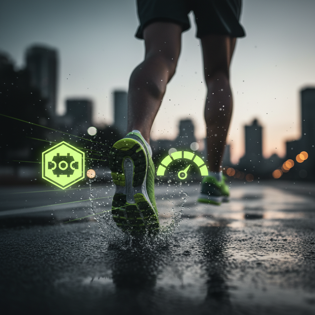 A close-up of an endurance runner's feet in motion, featured in a lime green and dark color scheme with energy metric icons.