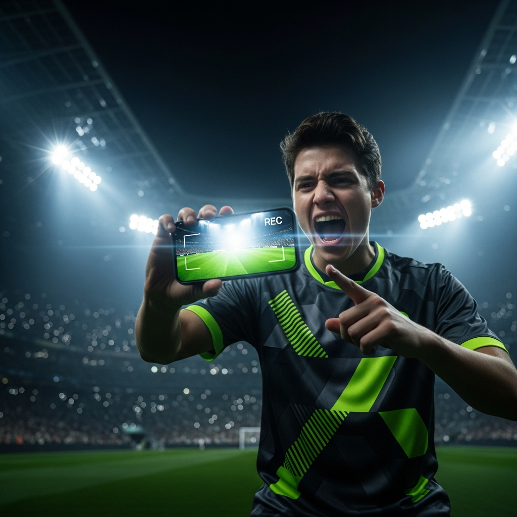 A fan vlogging in a dark stadium with lime green accents