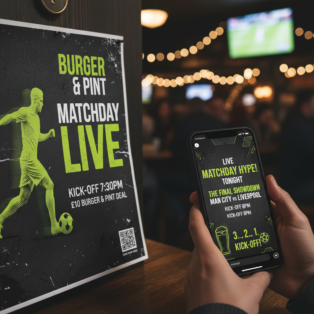 A chalkboard-style pub poster with neon lime green text for a modern, traditional matchday announcement.