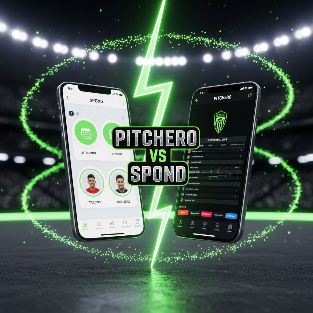 Pitchero vs Spond comparison showing two smartphone interfaces