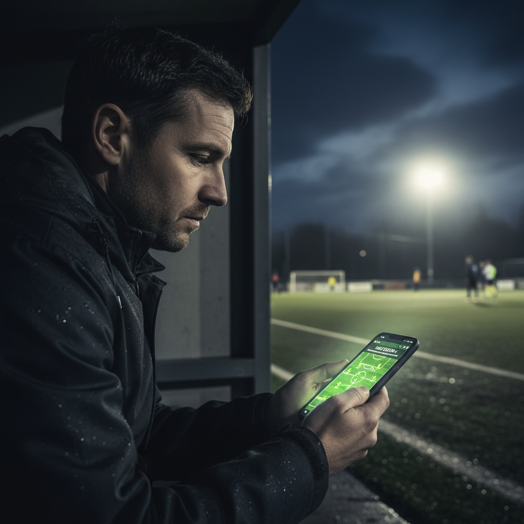 A visual comparison of the FA Matchday app for official reports and the Spond app for team communication, using a dark theme with lime green highlights.