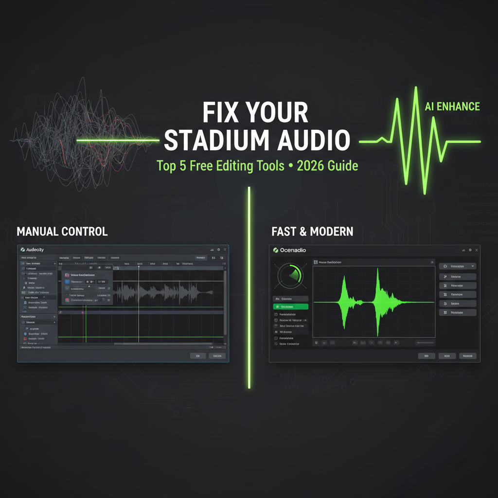 An AI algorithm cleaning a noisy audio waveform, transforming it into a clear signal on a dark, high-tech screen with a lime green color scheme.