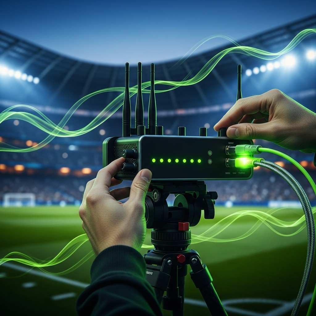 Professional live streaming encoder pitch-side at dusk