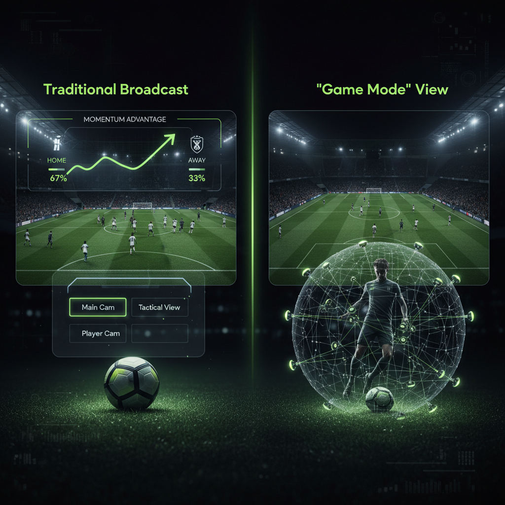 AI Momentum Tracker graphic in lime green overlaid on a dark, moody image of a Premier League match.