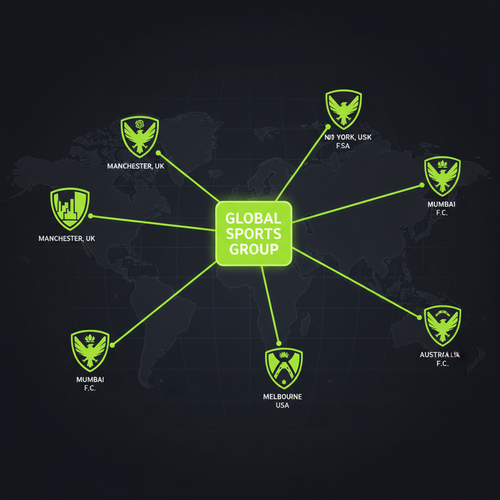 A world map illustrating the multi-club ownership model with a central ownership group connected by lime green lines to various football clubs globally.