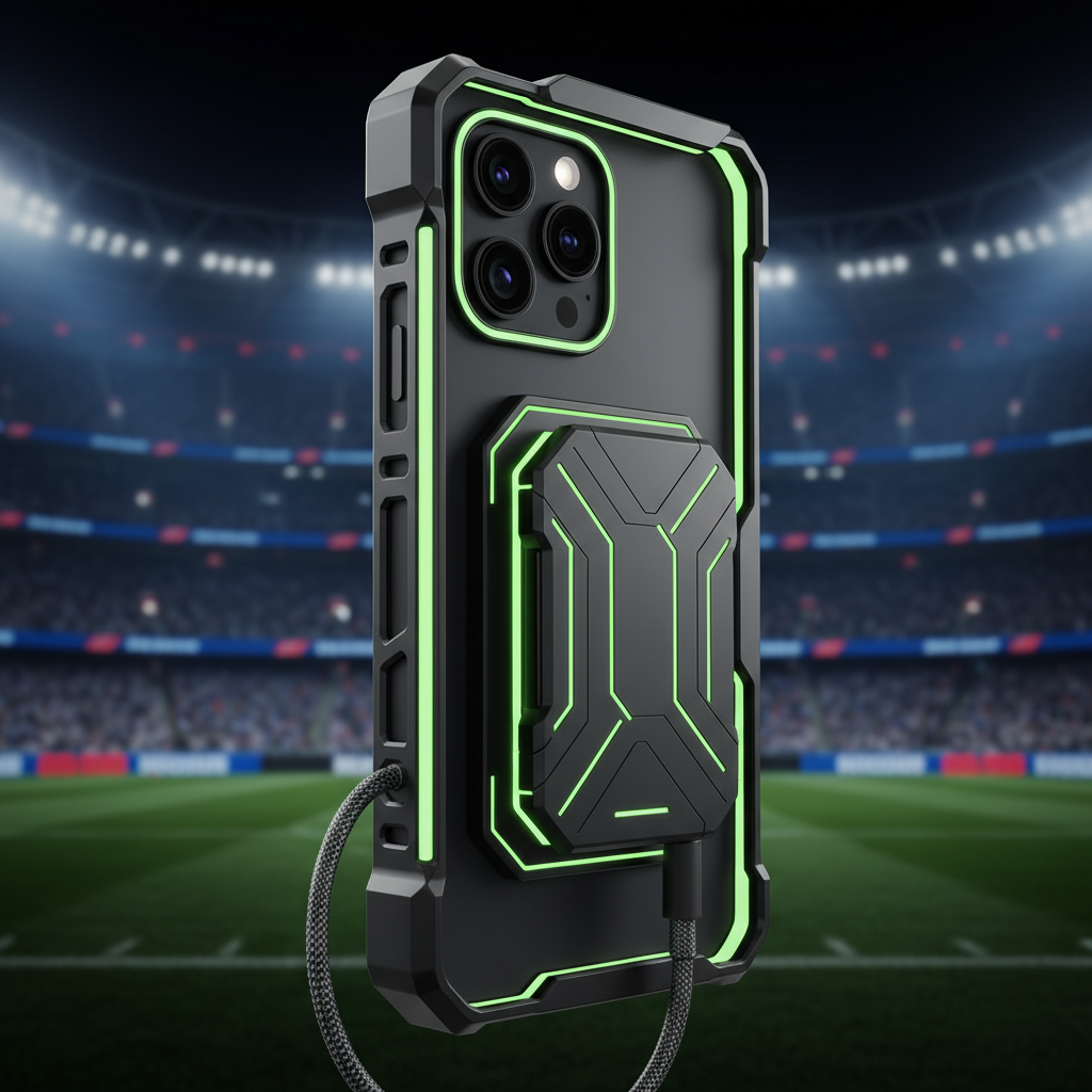 Professional smartphone filming interface with lime green highlights and storage management tools in a dark stadium setting