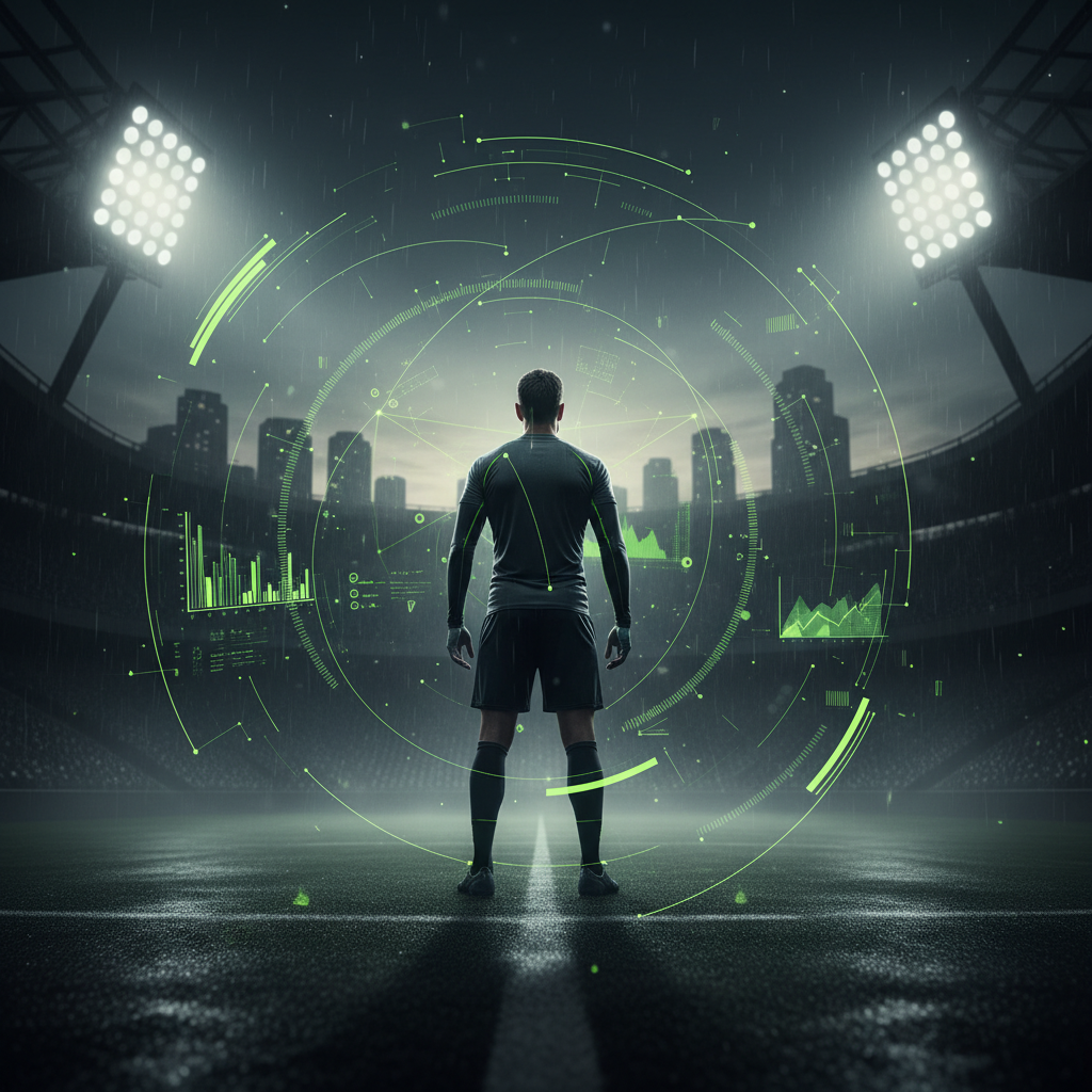 A scout’s tablet displaying the four pillars of player assessment—tactical, physical, technical, and mental—using a lime green and dark theme.