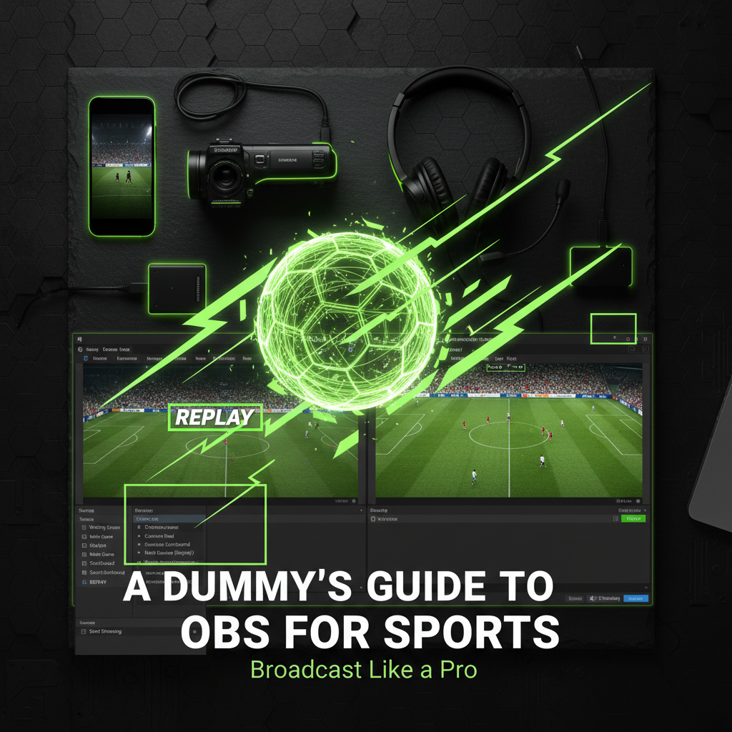 Essential hardware for amateur sports broadcasting with OBS Studio, including a camera, capture card, and headset.