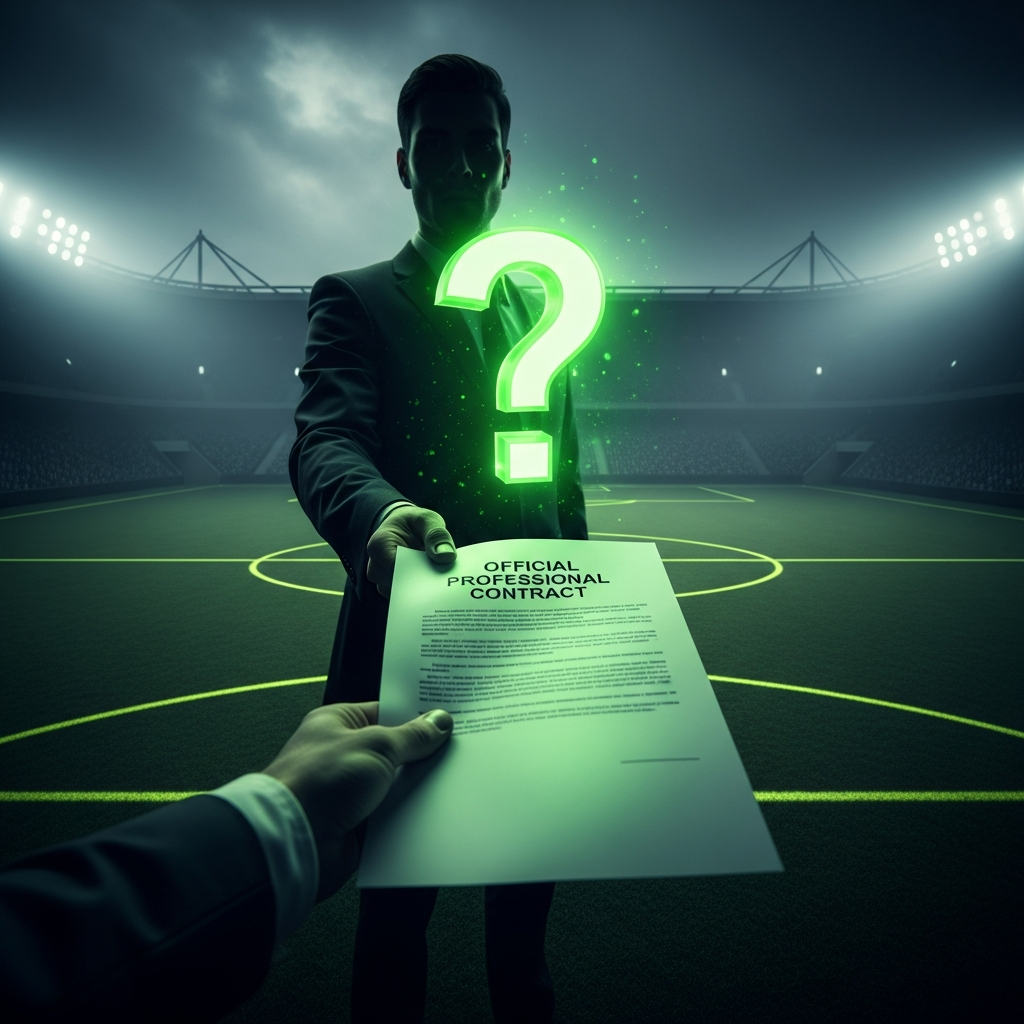 A dramatic, dark-themed thumbnail showing a shadowy figure offering a contract with a glowing lime green question mark