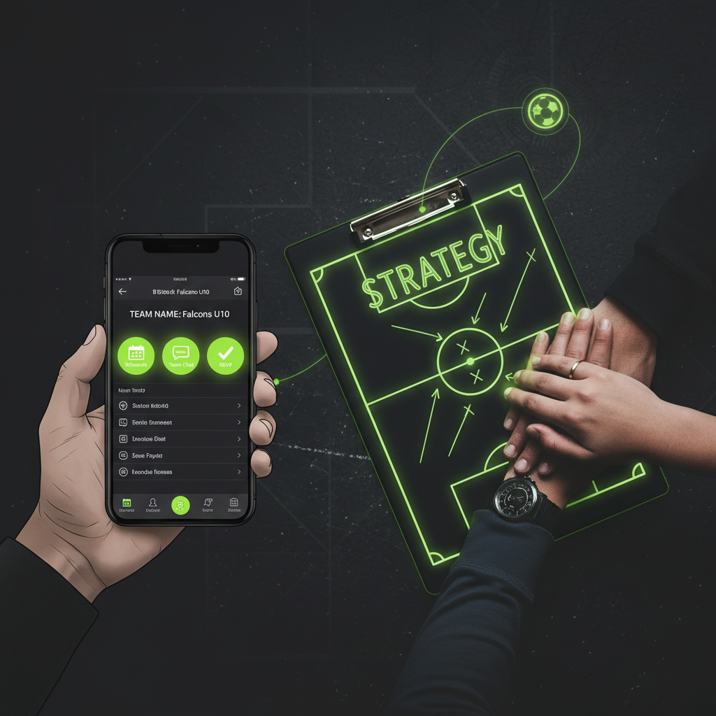 A smartphone displaying a unified team communication app with a lime green and dark color scheme.