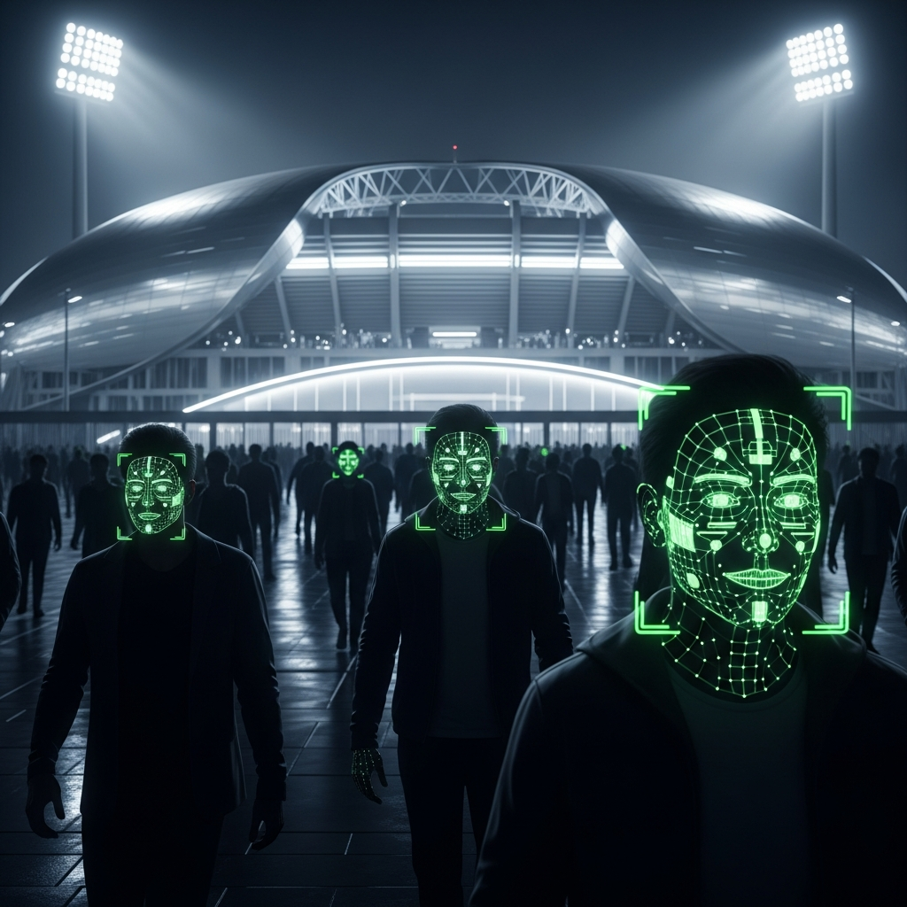 High-tech futuristic stadium entrance with facial recognition scanning