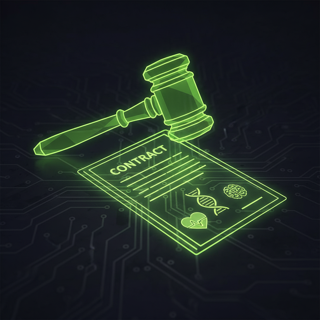 A glowing lime green gavel and a digital contract with biometric icons, symbolizing the legalities of athlete data privacy.