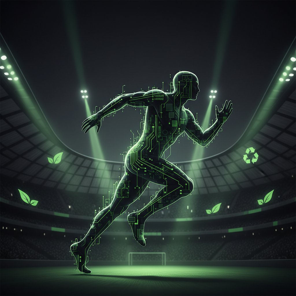 A futuristic, sustainable football stadium at dusk powered by solar panels, highlighted with lime green energy graphics.